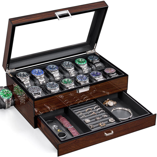 BEWISHOME Watch Box 12-Slot, Watch Case with Large Glass Lid