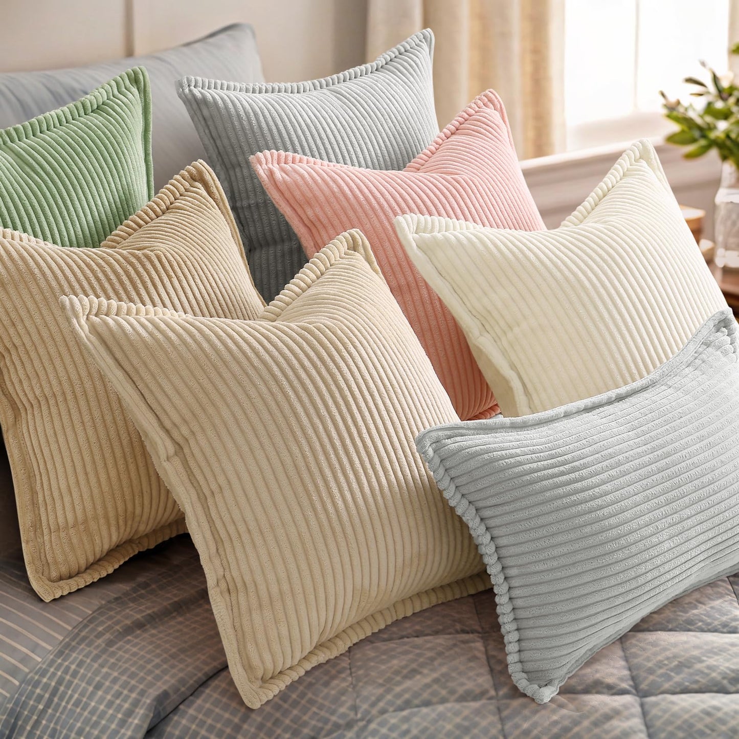 decorUhome Summer Corduroy Beige Euro Sham Throw Pillow Covers 24x24 Set of 2 Decorative Soft Boho Farmhouse Couch Pillow Covers for Living Room Bed Sofa Broadside Striped Pillow Cases