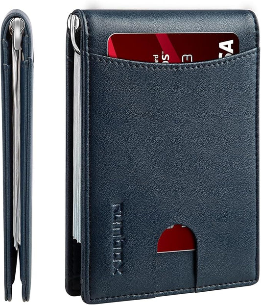 RUNBOX Slim Wallet for Men Genuine Leather RFID Blocking Bifold Minimalist Front Pocket Mens Wallet with Money Clip Thin Gift Box