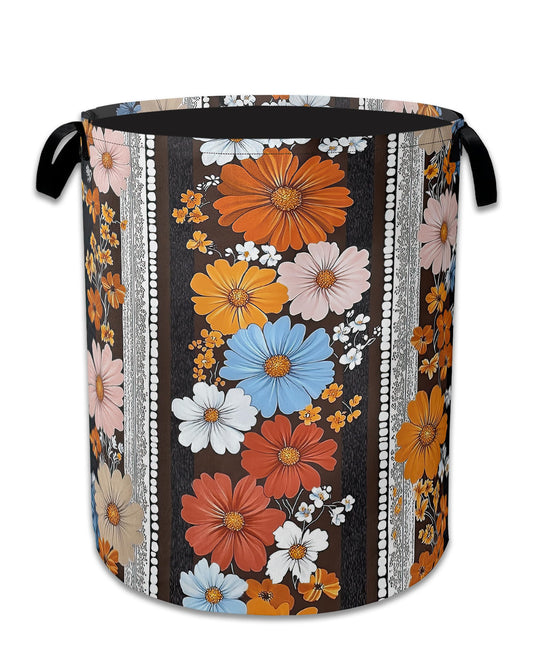 Boho Flowers Laundry Basket,Oxford Cloth Vintage Laundry Hamper With Handle Foldable Portable Clothes Storage Basket for Laundry Room/Bedroom/Bathroom 20.8"x16"