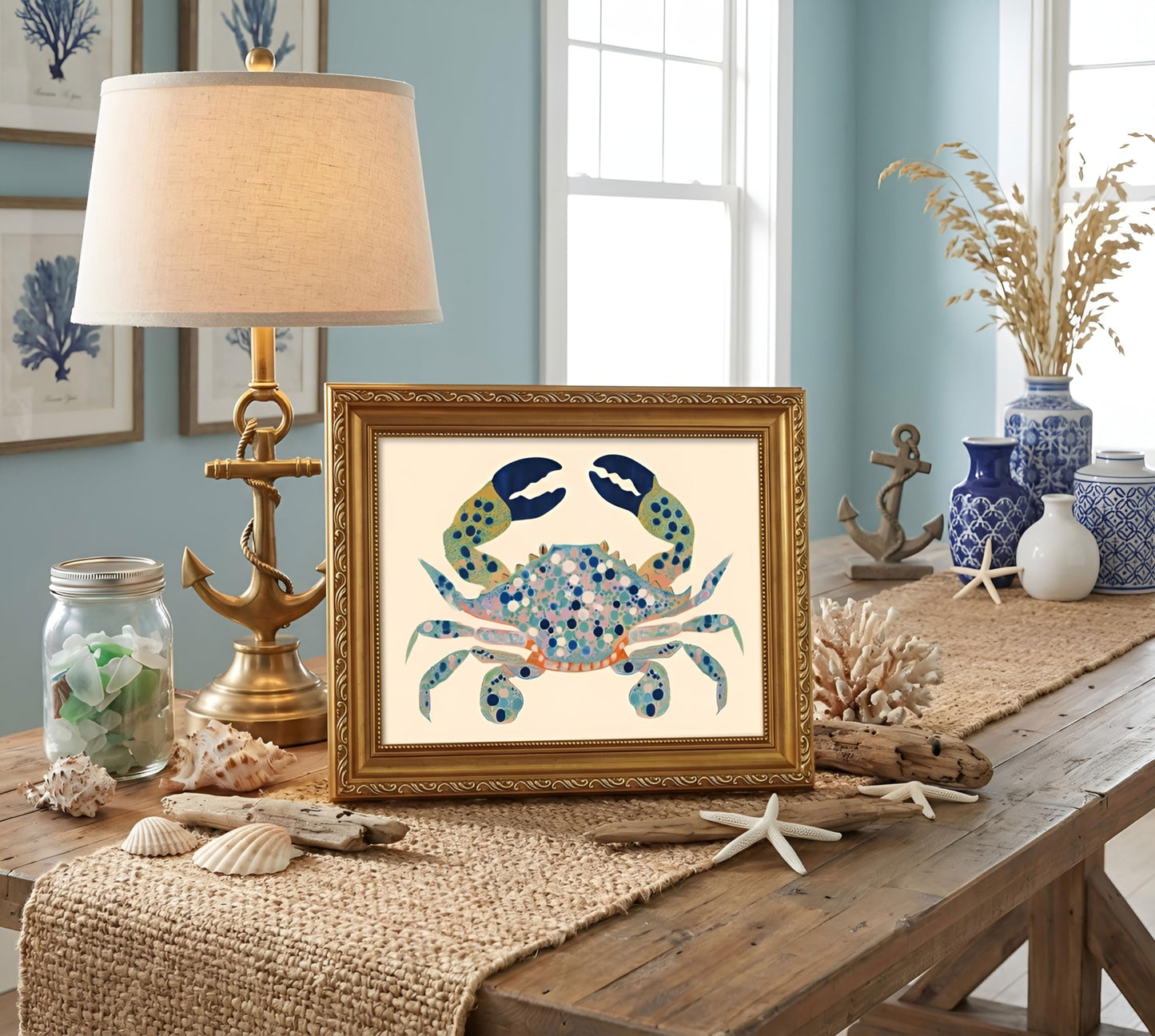 Gold Framed Coastal Watercolor Blue Crab Canvas Wall Art 9x11in
