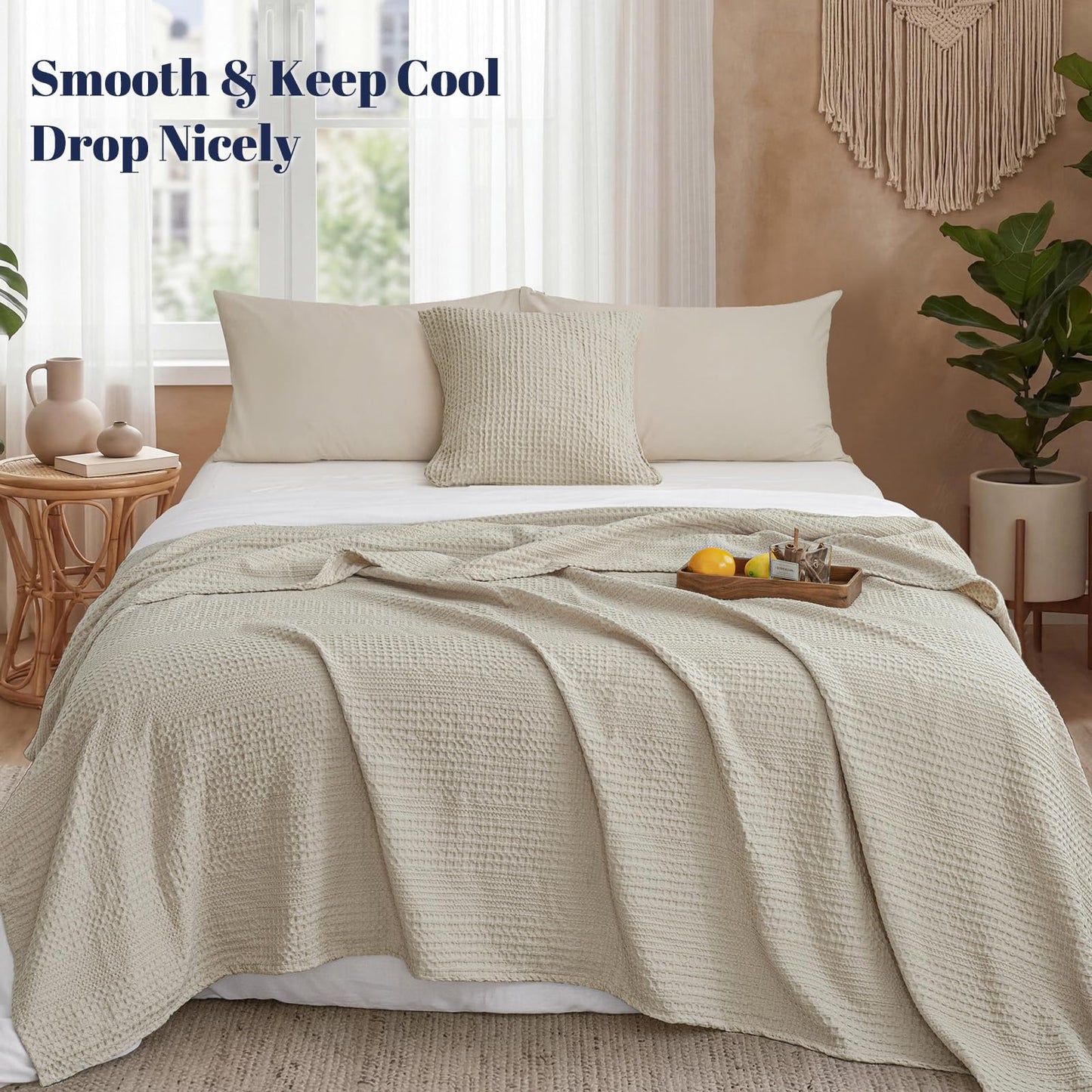 PHF Lightweight Waffle Weave Blanket Twin Size, Breathable & Ultra Soft, 66"x 90" Soft & Cozy Thin Blanket for Spring & Summer & Hot Sleepers, Bed, Home Decor - Light Taupe