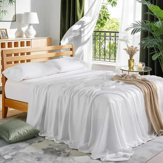 LBRO2M 100% Rayon Derived from Bam_Boo Sheet Set Queen Size 19" Deep Pocket Cooling Bed Sheets 4 Pcs, Breathable and Silky Soft Bedding Set for Hot Sleepers (Queen White)