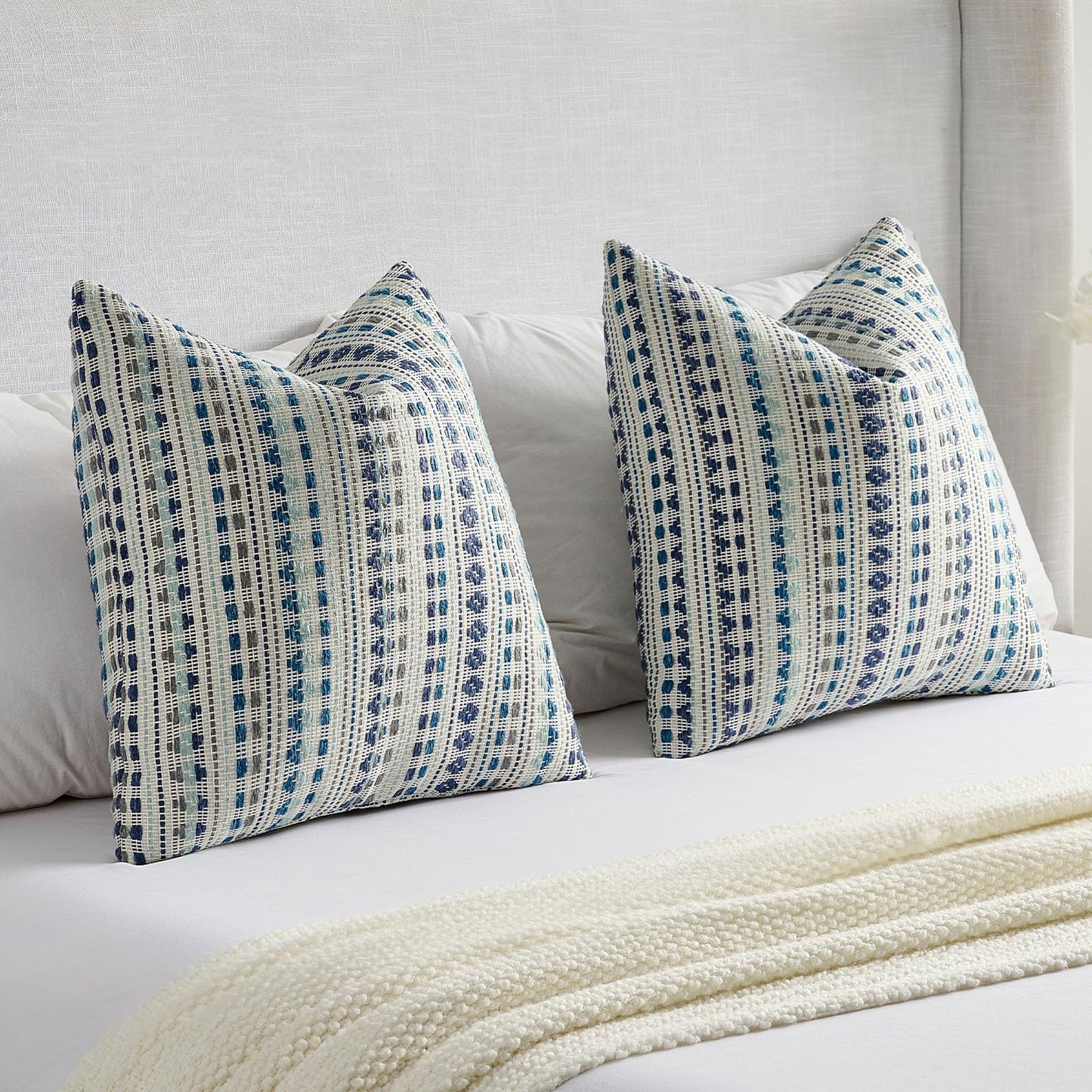 FUTEI Pack of 2 Chenille Jacquard Throw Pillow Covers 18x18 Inch Soft Cozy Woven Embroidery Coastal Decorative Cushion Case Boho Farmhouse Accent for Couch Bed Living Room, Blue Grey