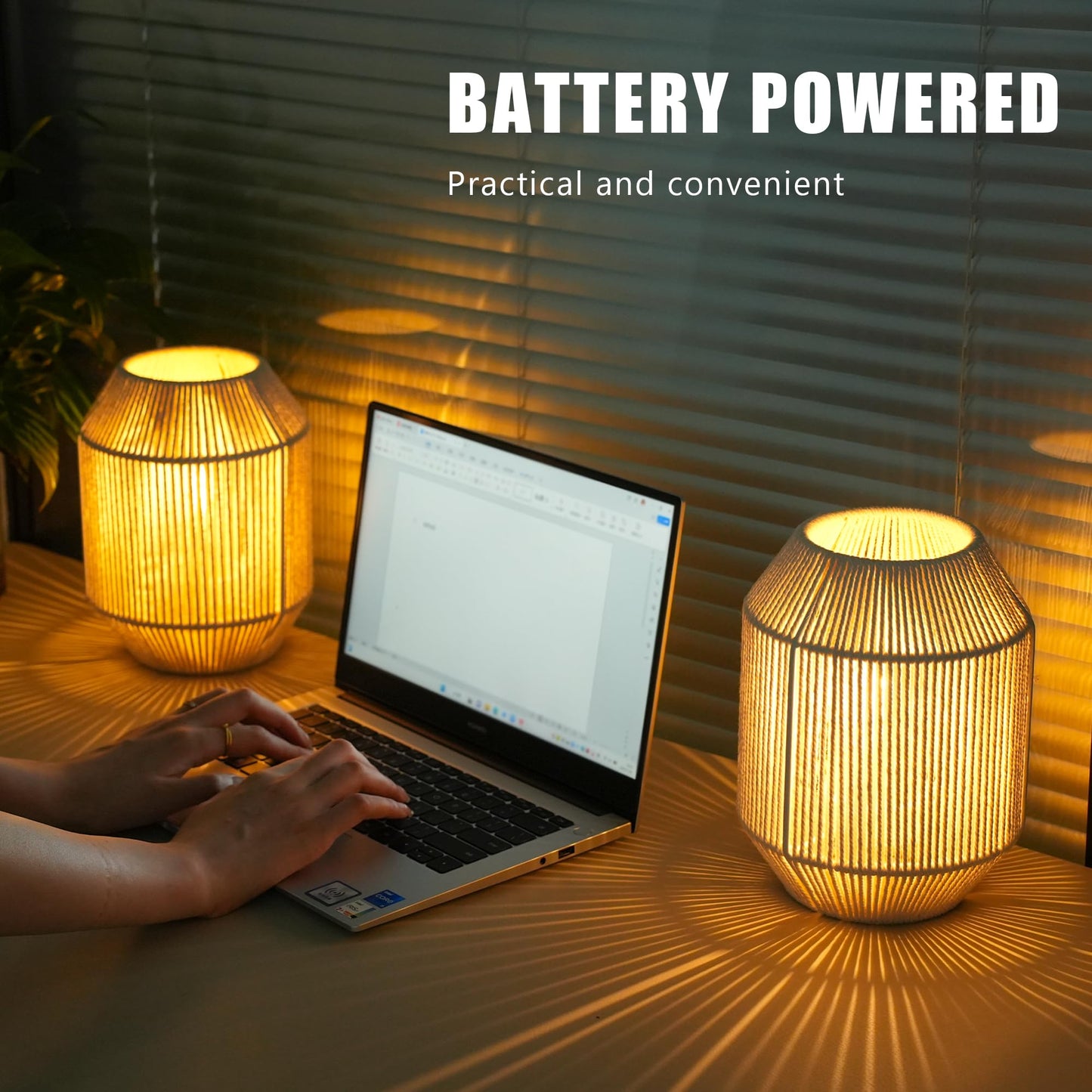 JHY DESIGN Set of 2 Woven Lampshade Table Lamps 8.5" H Cotton Rope Bedside ‌Light‌s Cordless Decorative Battery Operated Lamps with 6 Hours Timer for Bedroom Living Room Weddings Parties Patio