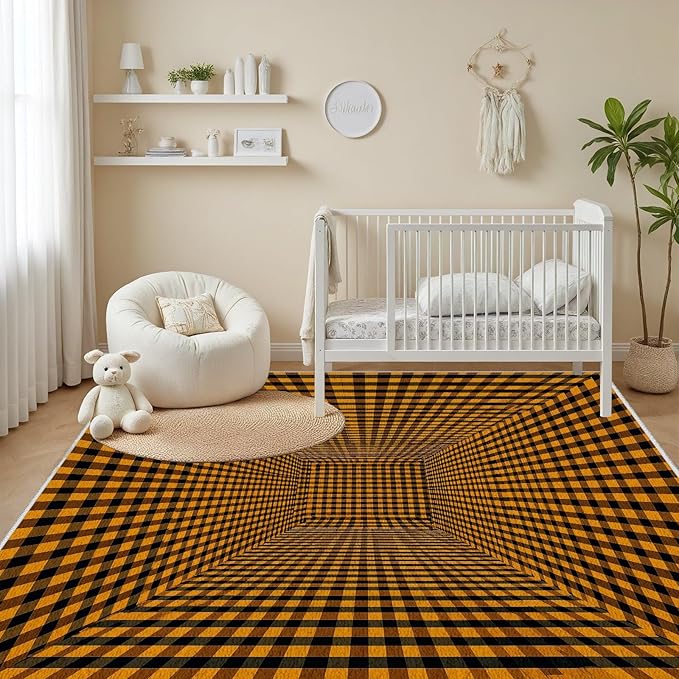 3D Rugs Optical Illusion - Plaid Rug 4x5, Geometric Stripes Soft Neutral Indoor Floor Mats Carpet, Non-Slip Stain Resistant Modern Orange Rug for Bedroom, Living Room Rugs