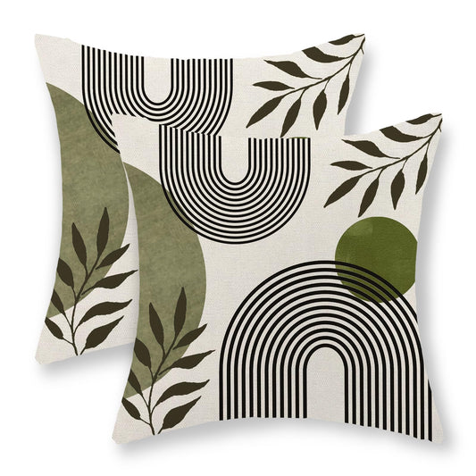 Boho Summer Pillow Covers 18x18 Inch 2 Pcs Sage Green Tropical Leaf Outdoor Decorative Throw Pillows, Mid Century Abstract Art Farmhouse Decor Pillowcase Linen Cushion Cover for Couch Sofa G-6