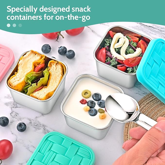 Ryrokxivi 8PC 6oz Stainless Steel Snack Containers with lids, BPA-Free Metal Kids Snack Cups with Fork and Spoon, Leakproof Lunch Box Containers，Resuable Baby Food Storage Bowl