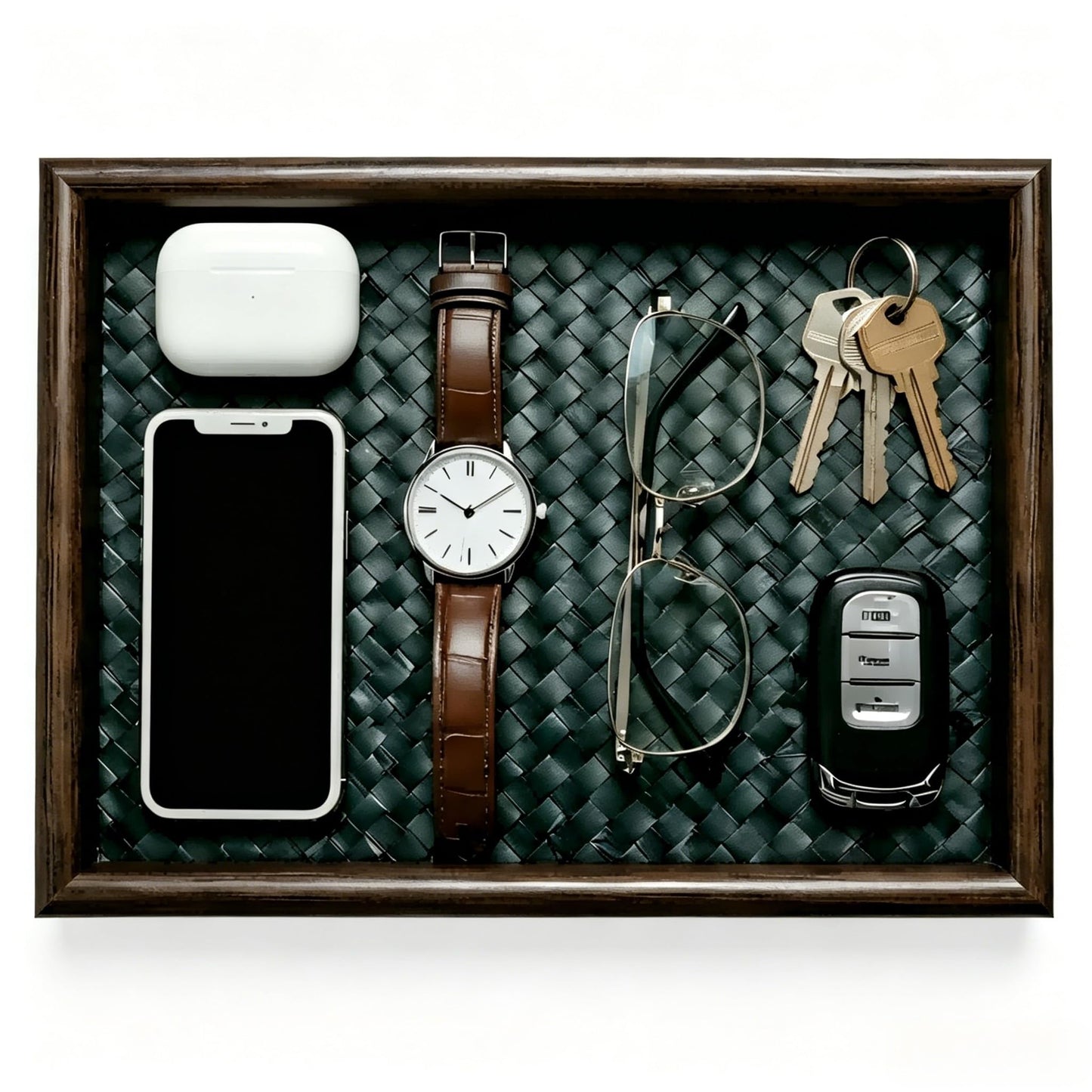 Zosenley Wooden Valet Tray with Leather Base - United Organizer for Phone, Keys, Sunglasses, Jewelry, Perfume & Cosmetics, Nightstand、 Entryway、 Dresser、 Desk Storage Tray (Black)
