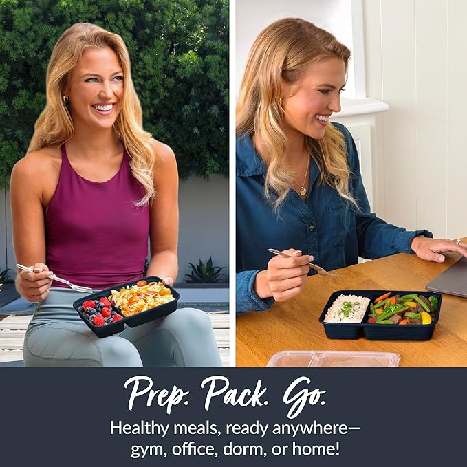 Bentgo Prep - 20-Piece 2-Compartment Reusable Meal Prep Containers with Lids, PFAS & BPA Free Materials, Durable, Microwave, Freezer, & Dishwasher Safe To Go Food Storage (Navy Blue)