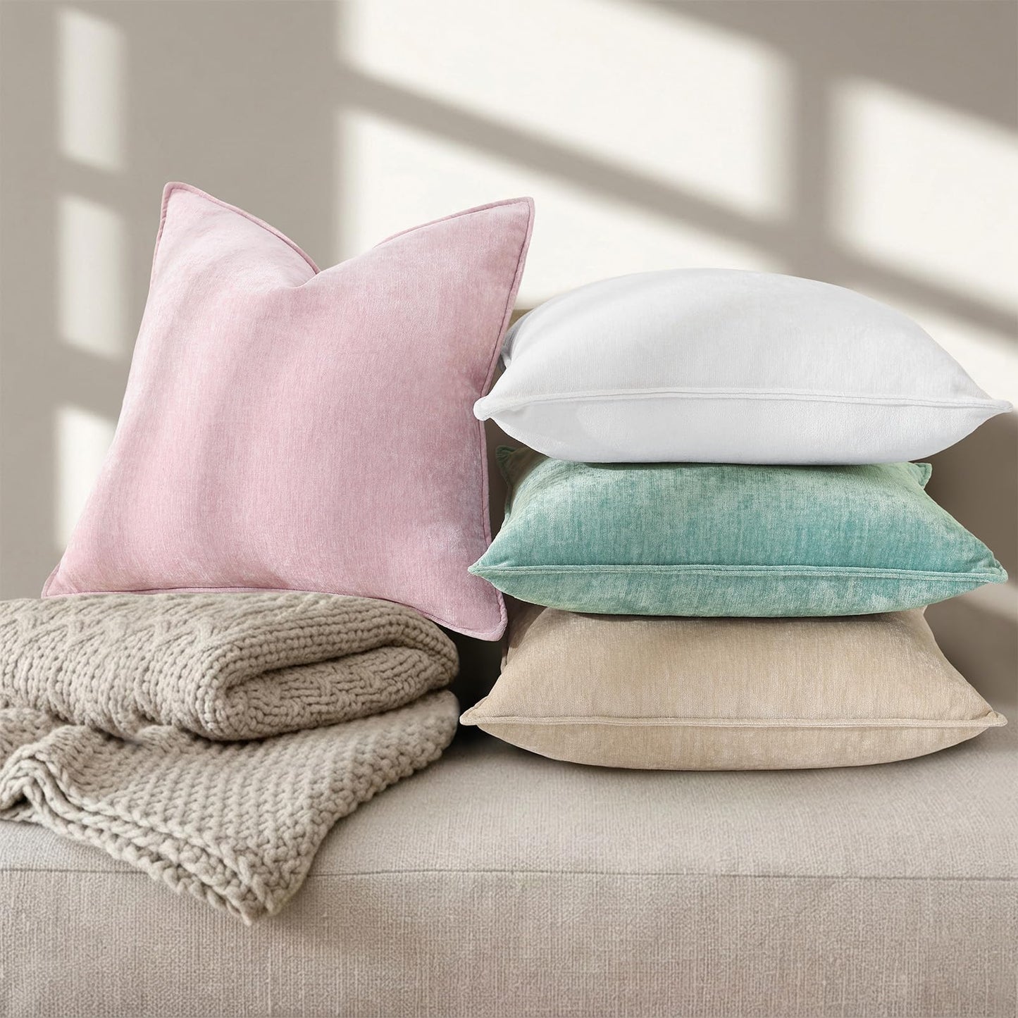 decorUhome Summer Couch Euro Sham Throw Pillow Covers 24x24 Set of 2, Decorative Soft Velvet Modern Cozy Chenille Pillow Cases with Elegant Design for Sofa Bed Living Room Home Decor, Cream White