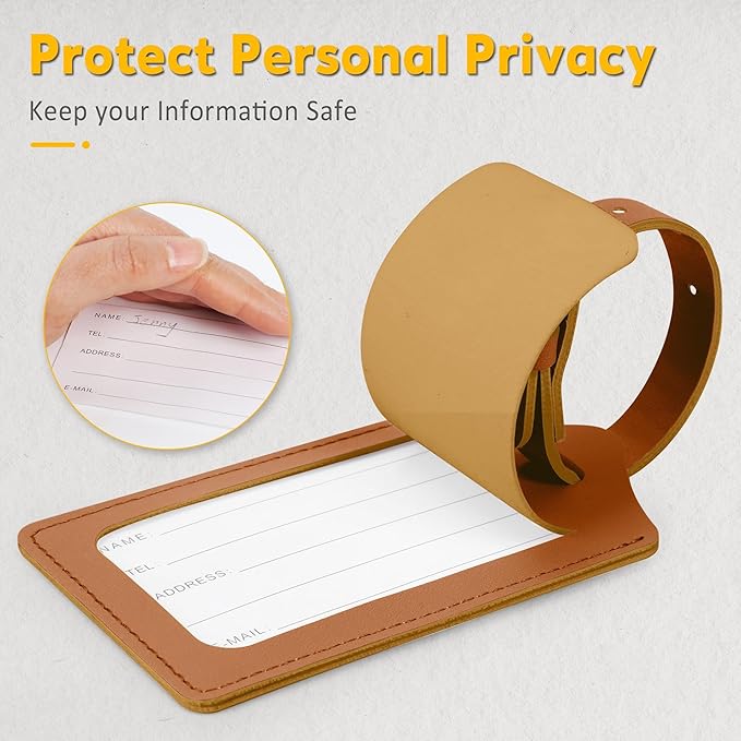 Travelambo 8 Pack Luggage Tags Faux Leather for Suitcases Travel Bag Labels Travel Accessories Essential with Protection Cover ID (Yellowish Brown)