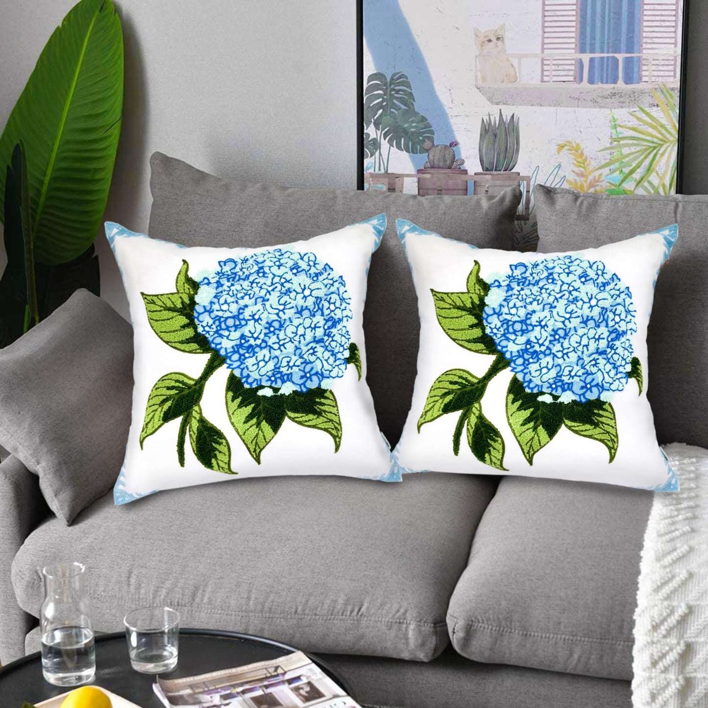 Alysheer Spring Hydrangea Embroidered Decorative Throw Pillow Covers 18"x 18" Set of 2, Summer Blue Green Floral Tufted Patterned Cotton Cushion Cases for Couch Bed Living Room Decor