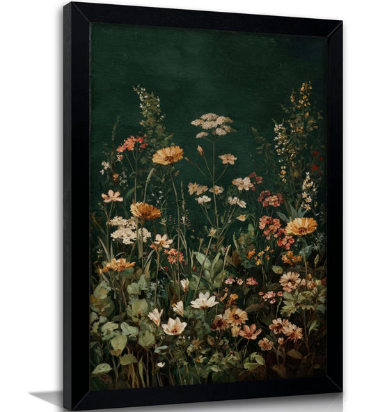 Framed Dark Green Wildflowers Canvas Wall Art Spring Flower Watercolor Wall Decor Vintage Neutral Botanical Painting Picture Floral Poster Prints Artwork for Living Room Bedroom Home Decoration