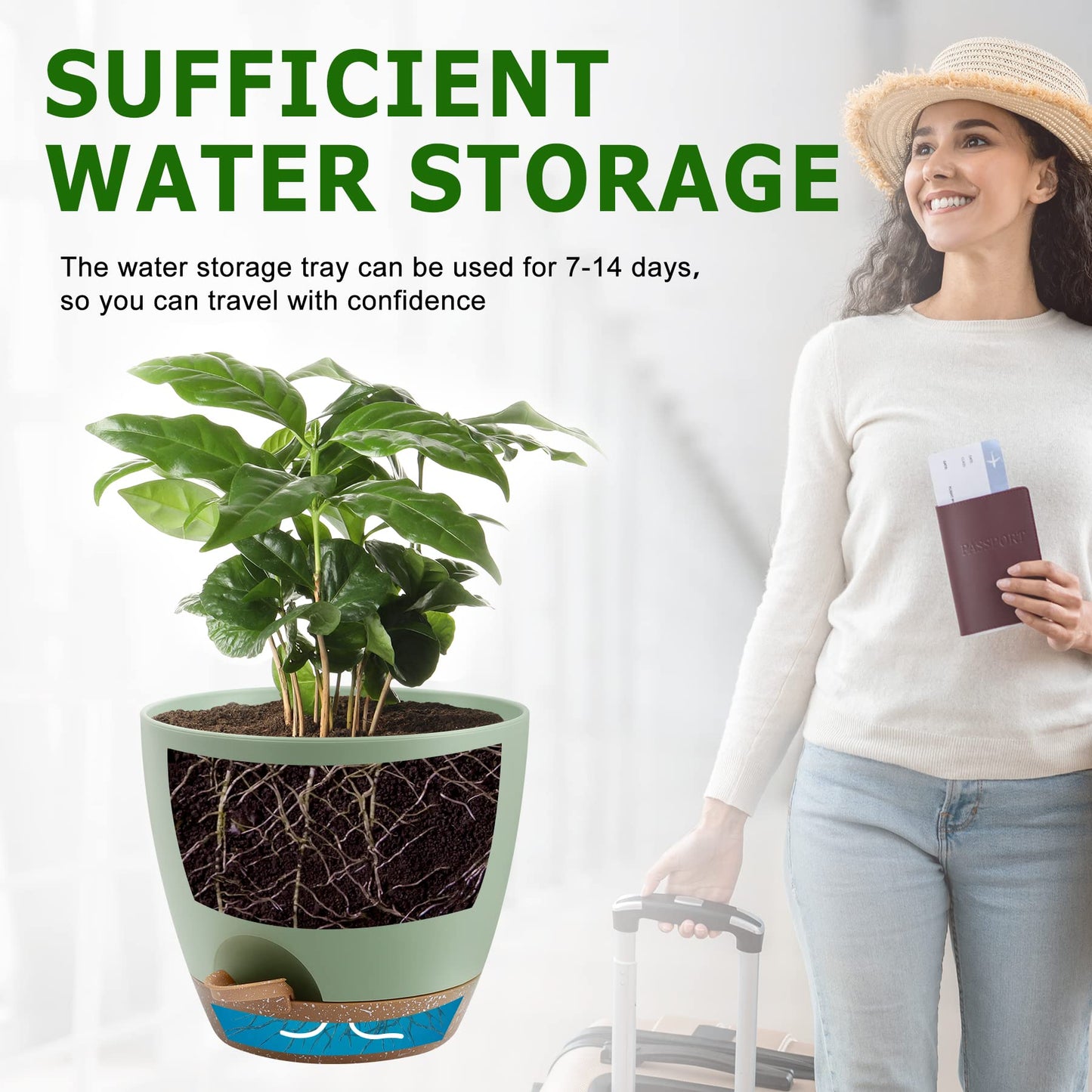 QRRICA Plant Pots 10/9/8 Inch Self Watering Pots, Set of 3 Plastic Planters with Drainage Holes and Saucers,Plastic Flower Pots,Nursery Planting Pot for Indoor Out Door Plants（Green）