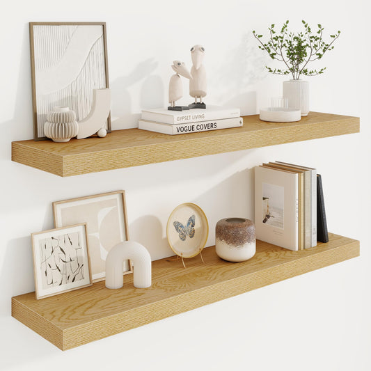 40in Floating Shelves for Wall, 40"W x 9.25"D x 1.25"H, 2 Pack Long Wall Mounted Engineered Wood Shelves with Invisible Brackets for Living Room, Bedroom, Bathroom, Kitchen Decor and Storage, Oak