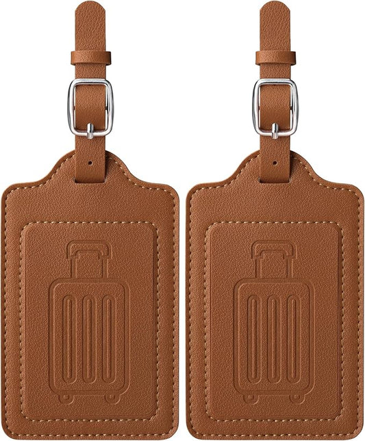 Teskyer Luggage Tags for Suitcases, TSA Approved with Privacy Protection Cover, Premium Faux Leather Bag Tags for Travel - 2 Pack, Brown