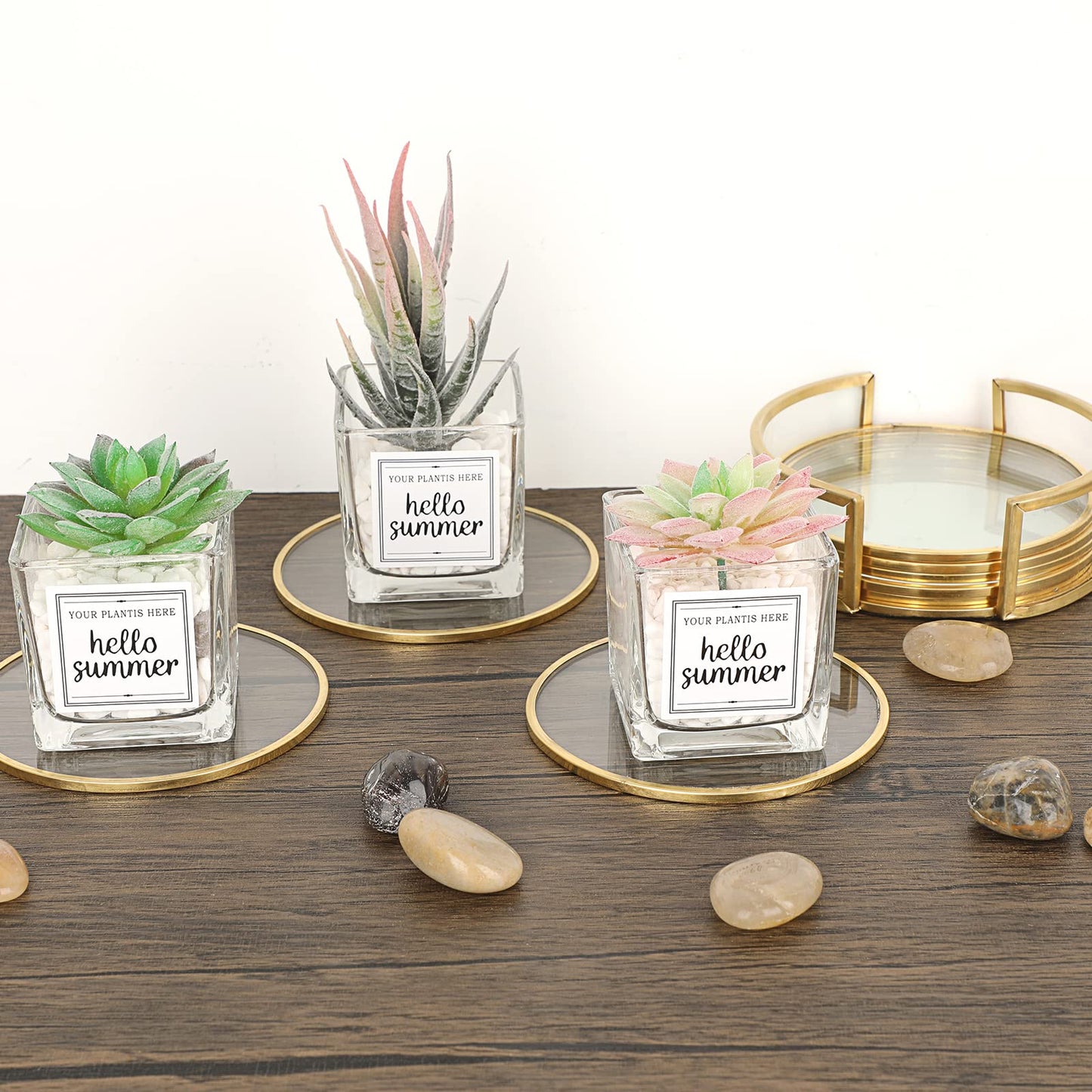 JUXYES Set of 8 Glass Round Coasters with Holder, Golden Brass Coasters for Drinks Glass Cup Coaster Set Modern Coaster Cups Mats Decor for Restaurant Kitchen Bar Dining Table