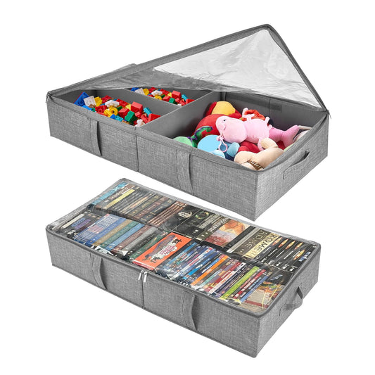 2-Pack Under Bed Toy Storage Boxes, Grey Toy Organizer with Clear PVC Lid, Foldable Under Couch Storage Bins (31.8×16×5.9in), Toys Storage Containers for Plush Dolls, Books, Clothes, Shoes & Blankets