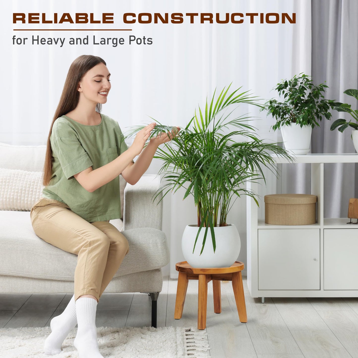 Demigo Indoor Plant Stand, 8 in Tall Natural Acacia Wood Plant Shelf Decor