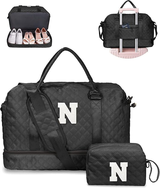 Vogewood Navy Duffel Bag - Personalized Initial, Weekender, Overnight, Travel Bag with Shoe Compartment & Makeup Bag, Size 12x7x2 inches
