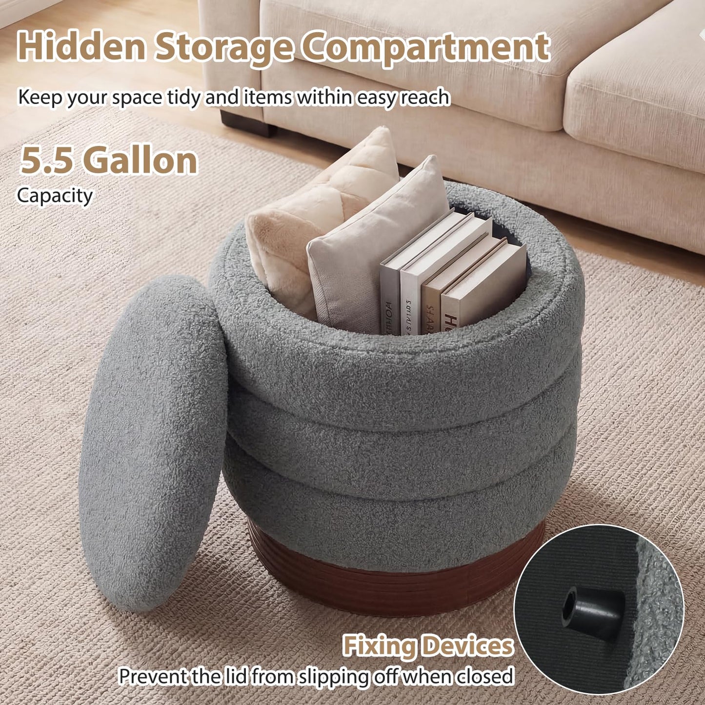 Giantex Round Ottoman with Storage, 360° Swivel Boucle Vanity Stool with Removable Lid, No Assembly Ottoman Foot Rest for Living Room, Bedroom, Makeup Room (Gray & Brown)