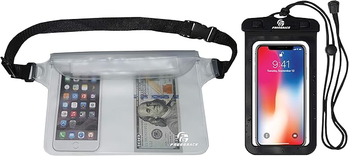 Freegrace Waterproof Pouches with Waist Strap / Pouch Case Bundle Set- Keep Your Phone & Valuables Dry and Safe - Waterproof Dry Bags for Boating Swimming Snorkeling Kayaking Beach Water Parks Pool