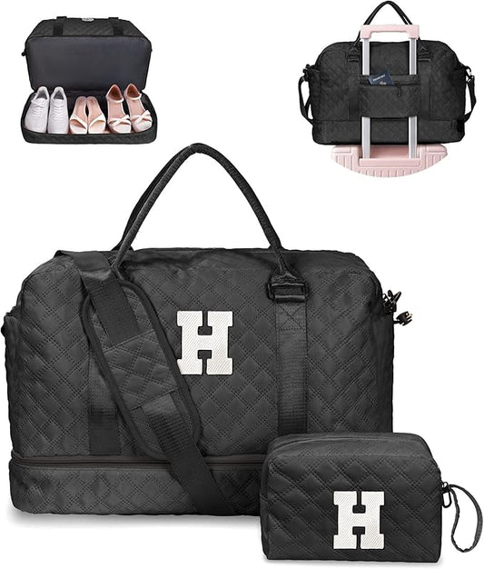Vogewood Gifts Personalized Initial Duffle Bag for Teen-Girls - Weekender Overnight Travel Bag with Shoe and Makeup Compartments, Birthday Graduate Gift (Letter H)