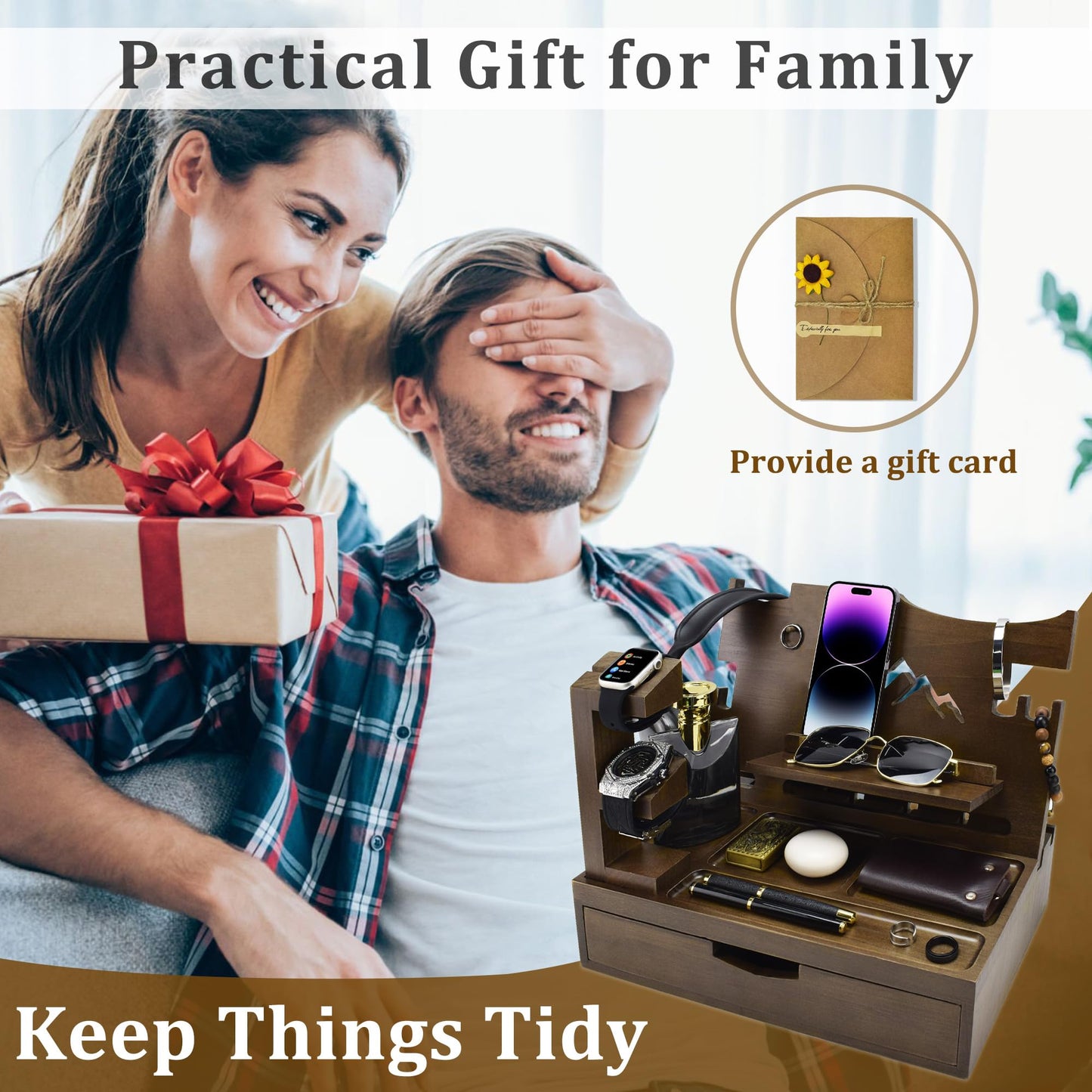 KWYADLUO Nightstand Organizer for Men with Large Drawer, Wood Phone Docking Station for Phone, Apple Watch, Wallet & Keys, Ideal Birthday Gift for Father Husband, Bedside Desk Organizer (Brown)