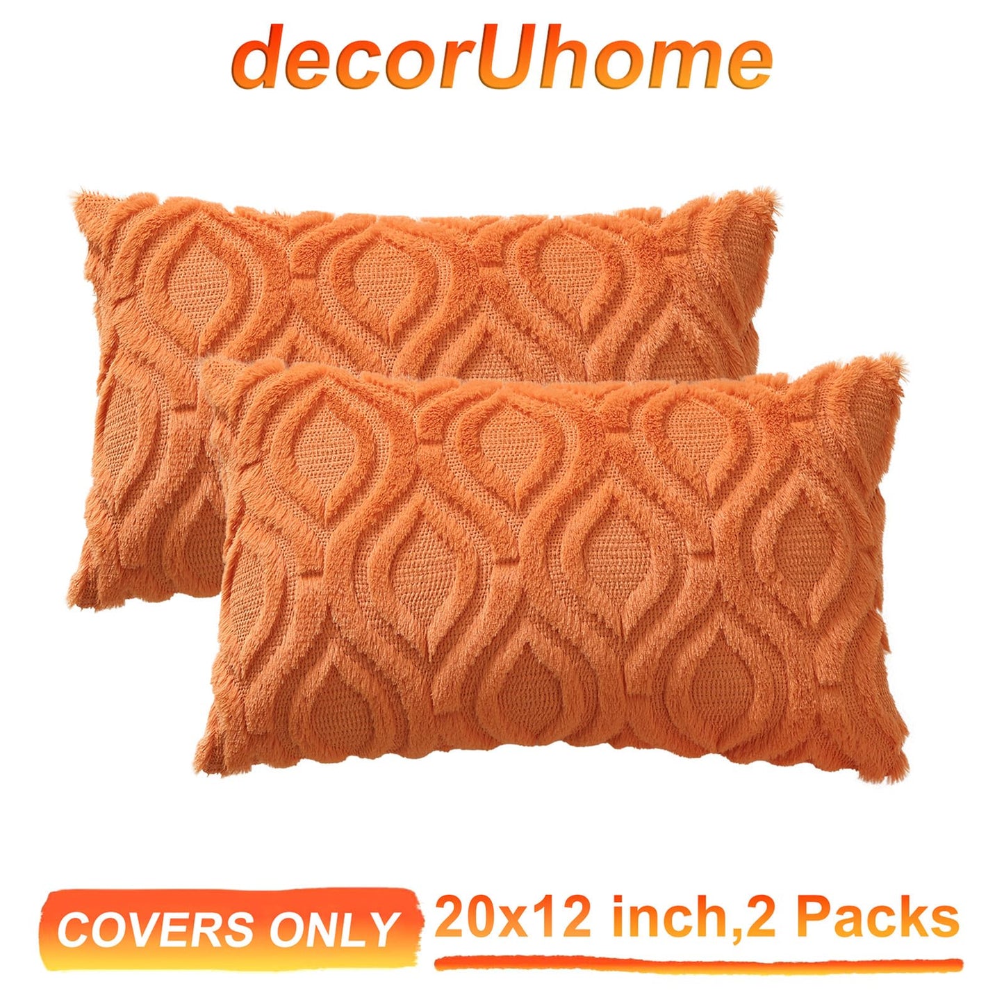 decorUhome Throw Pillow Covers 12x20 Inch Set of 2, Soft Plush Faux Wool Orange Solid Couch Pillow Covers, Accent Farmhouse Neutral Rectangle Pillow Cases for Sofa Bed Living Room