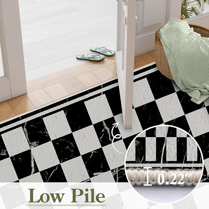 Grey Black Checkered Kitchen Hallway Carpet, 2x8ft, Abstract Black Marble Indoor Decor Washable Rugs, Durable Soft Cozy Non Slip Rug, Breathable Non Shedding Mats for Front Porch