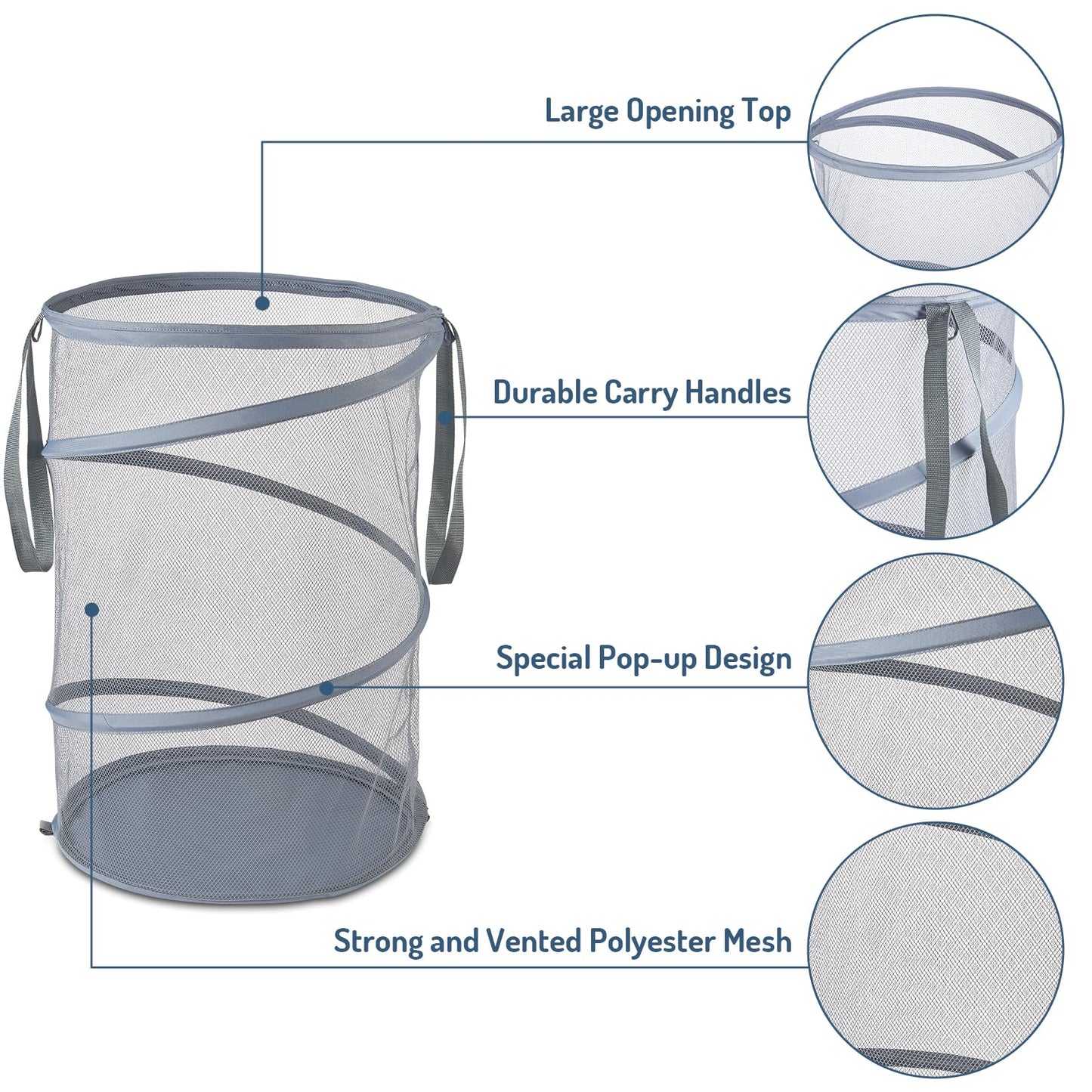 Seiritex Mesh Popup Laundry Hamper 115L Collapsible Laundry Basket Extra Large Capacity Foldable Clothing Storage Basket with Handles 26 H x 18 W x 18 L (Gray)