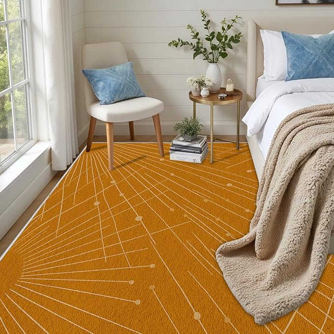 Modern Washable Area Rug 2x3, Boho Minimalist Non-Slip Rugs, Abstract Striped Soft Carpet for Living Room Bedroom Nursery Room Home Decor Office, Pet Friendly, Orange Beige