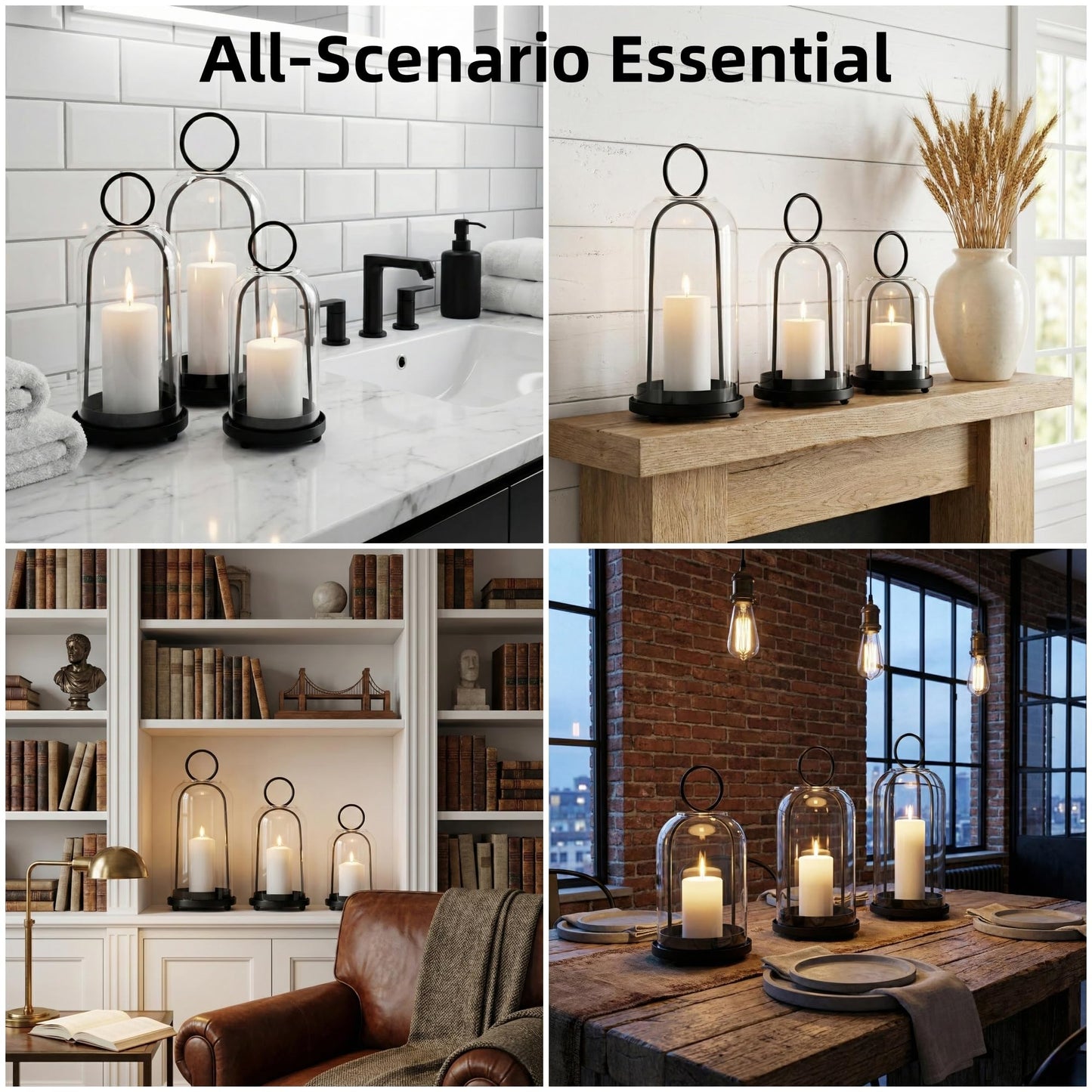 3 Pack Metal Candle Holders with Glass Dome, 5.5" & 4.7" & 3.9" Wide Black Candlestick Holders Set, Versatile Hurricane Lanterns Candleholders for Pillar Candle, Decorative Glass Display Dome Stands