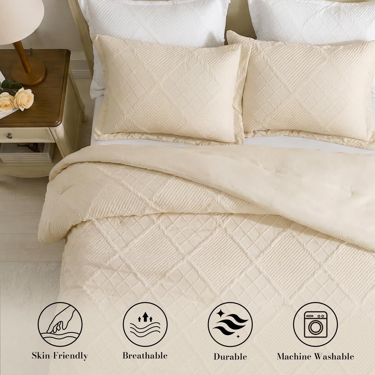 Amélie Home Queen Comforter Set, 3 Piece Beige Jacquard Bedding Set with 2 Pillow Cases, Soft Microfiber Diamond Design, Lightweight All-Season for Bedroom & Dorm