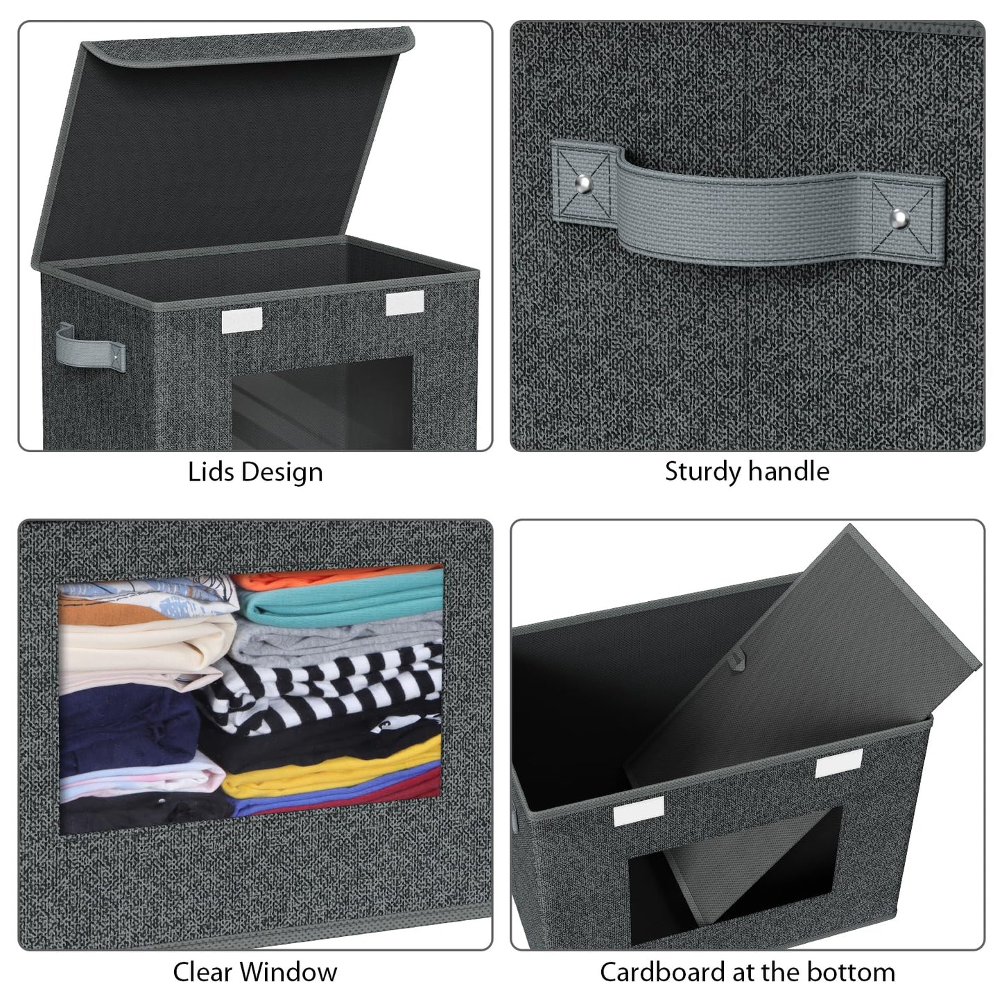 Univivi Fabric Foldable Storage Boxes with Lids [4-Pack] Large Stackable Storage Bins, Closet Organizers and Storage Cube Storage Organizer for Home, Office, Bedroom (Black, 17“ x 12” x 12")