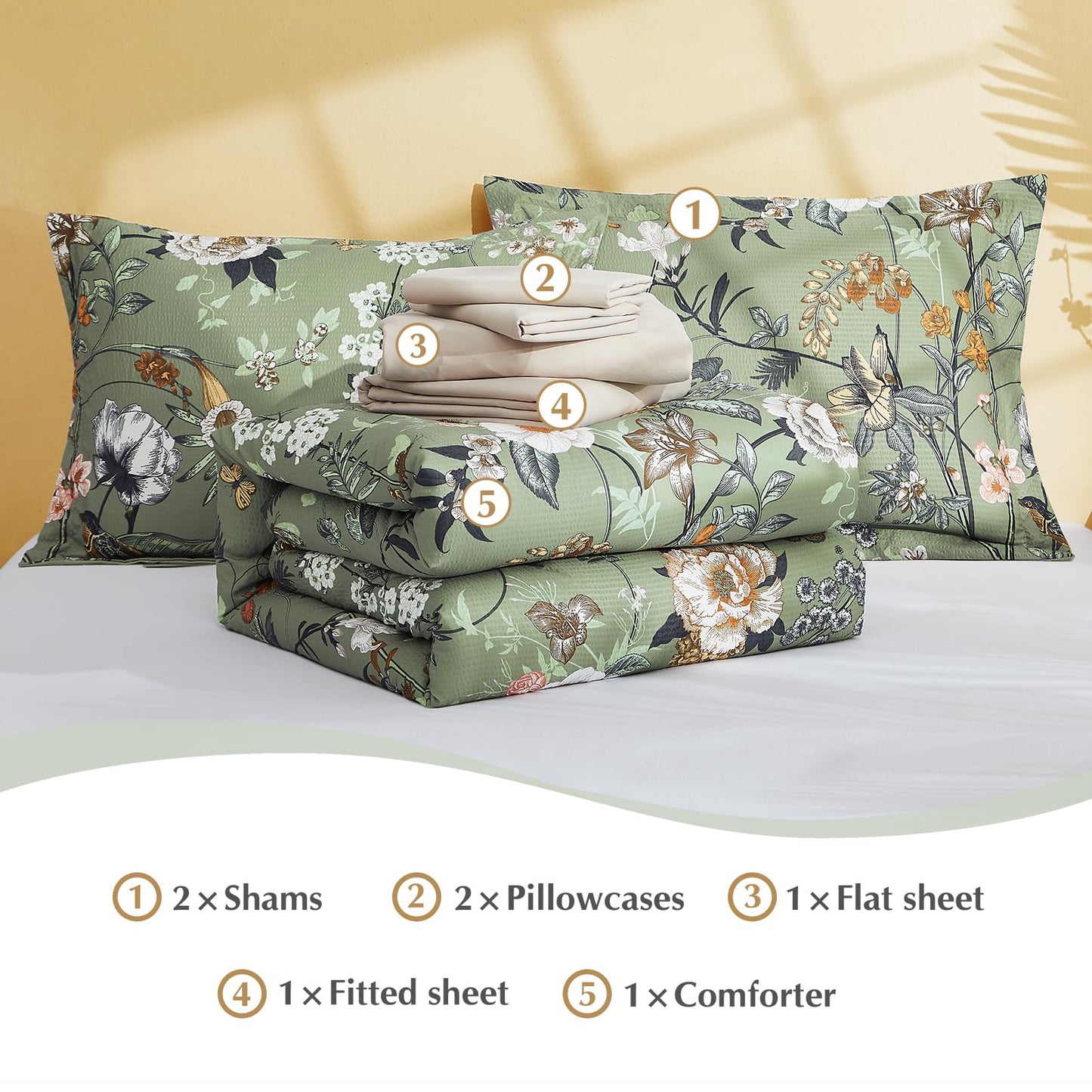 CASAAGUSTO Queen Comforter Set - 7 Pieces Bed in a Bag Queen Green Butterfly Floral Comforter Set with Flowers Leaves Pattern, Soft Seersucker Design All Season Queen Size Bedding Set