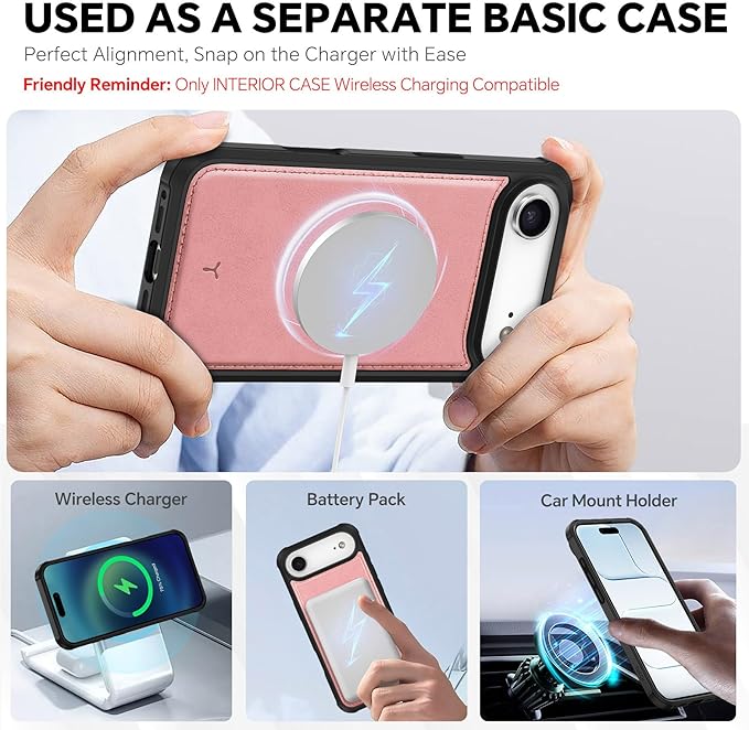 TUCCH 2-in-1 Detachable Wallet Case for iPhone Air (6.5-inch) 2025, RFID Blocking 4 Card Slots, Wireless Charging, Wrist Strap, Kickstand, Magnetic, PU Leather, Protective Flip Cover, Rose Gold