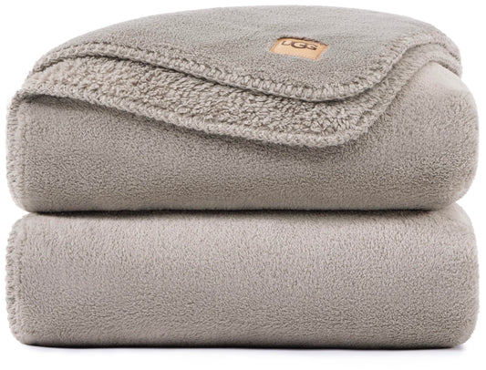 UGG Whitecap Full/Queen Blanket, Fleece Fluffy Blanket for Bed, Luxury Cozy Oversized Throw for Couch, Washable Queen Bedding, Hypoallergenic Bedding Queen Size, 90" x 90", Seal Grey