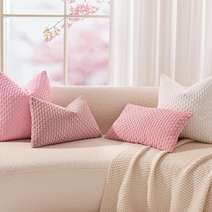 Kevin Textile Valentines Day Decorative Pillow Covers Set of 2 Striped Plush Corduroy Pillows Pillowcases Boho Home Decor Cushion Covers for Couch Sofa Bed Living Room 24x24 Inch, Pink