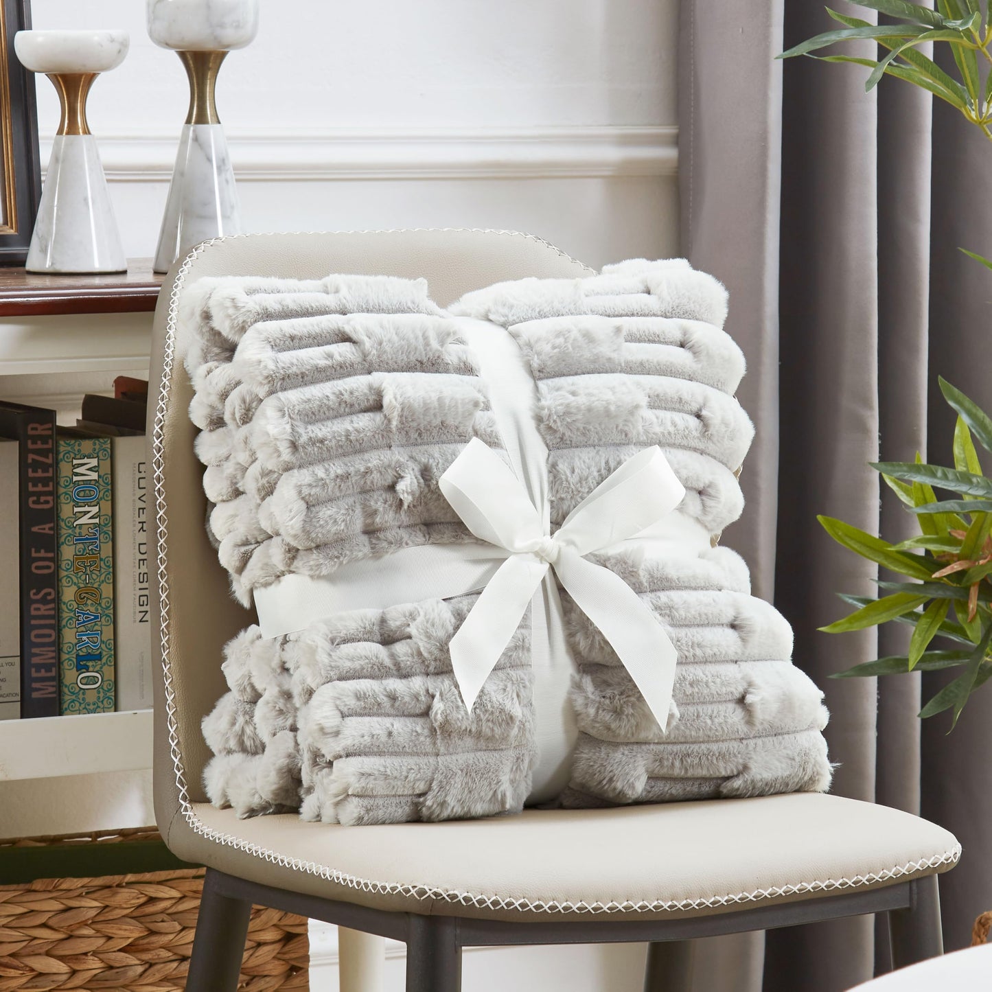 JONIYEAR Soft Fluffy Striped Faux Rabbit Fur Throw Blanket for Couch 50" x 60", Decorative 3D Geometric Warm Fuzzy Fur Blankets for Winter, Reversible Shaggy Accent Cozy Furry Blanket for Sofa, Grey