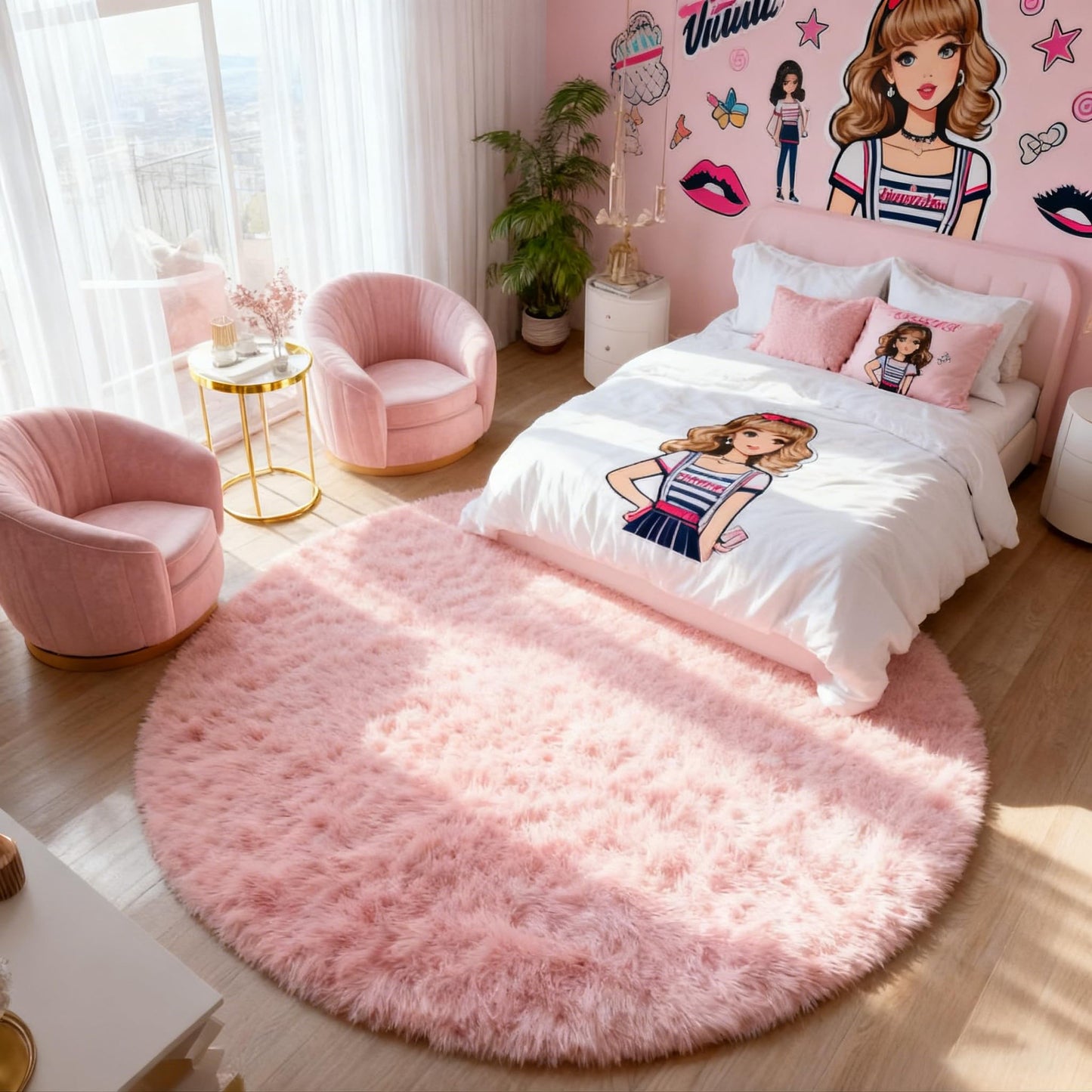 PAGISOFE Pink Round Rug 4Ft for Girls Room Kids Bedroom, Fluffy Shaggy Soft Fuzzy Circle Area Rugs for Girls Bedroom Kids Home Decor Aesthetic, Plush Furry Throw Cute Baby Girl Nursery Room Rug