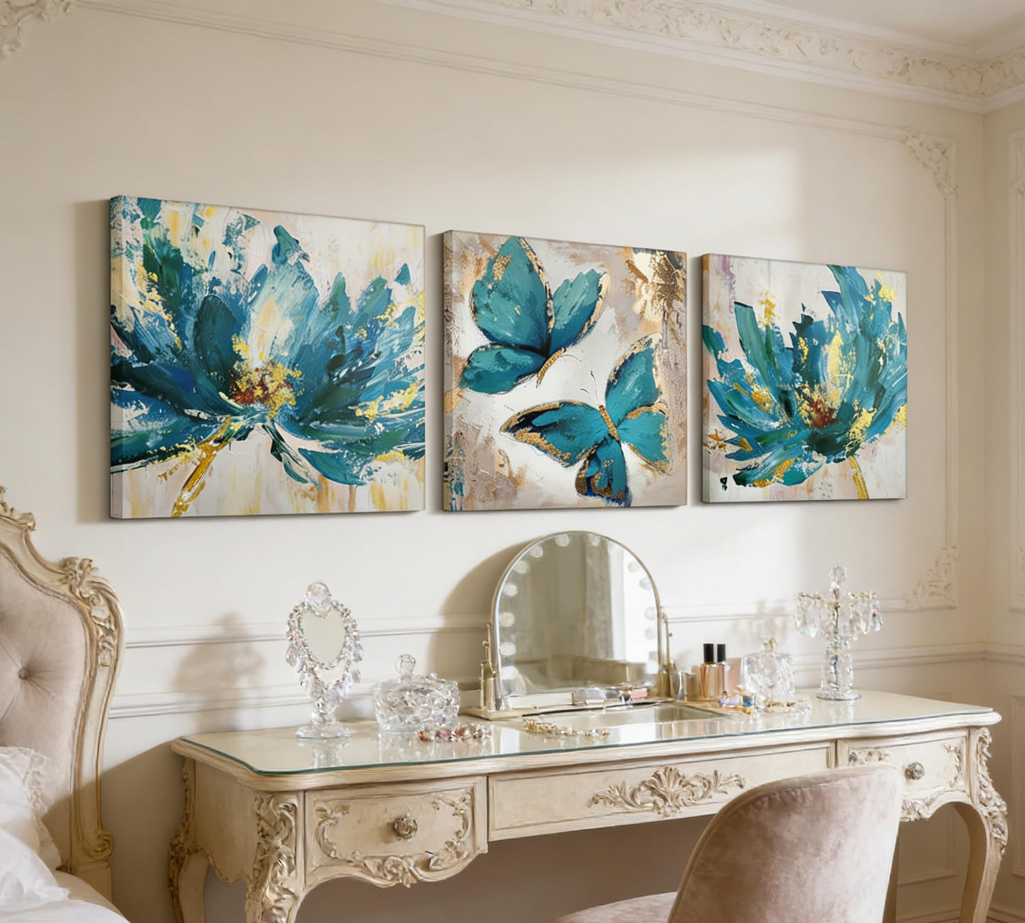 Abstract Blue and Gold Floral Canvas Wall Art Set of 3, with Gold Foil Outline, Stretched and Framed Canvas Artwork with Hanging Hooks & Nails, Modern Wall Decor for Living Room Bedroom Bathroom