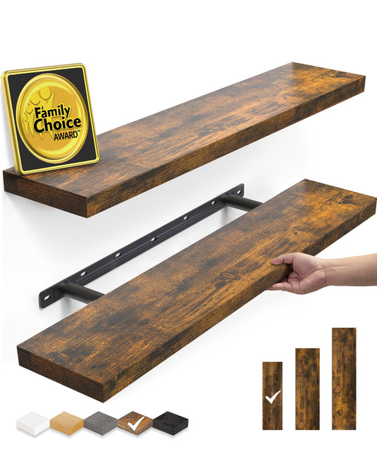 BAYKA Floating Shelves Set of 2, 22.5 inches Farmhouse Rustic Wood Wall Mounted Shelves for Bathroom, Bedroom, Living Room or Kitchen, Hanging Shelf Decor Book with 22lbs Capacity, Rustic Brown