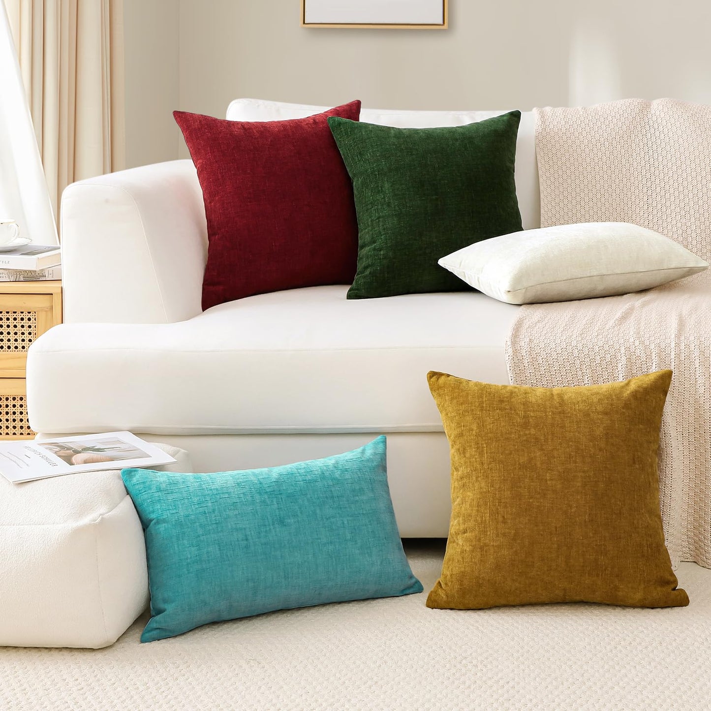 OTOSTAR Pack of 2 Throw Pillow Covers 24x24 Inch Soft Chenille Cream White Farmhouse Decorative Pillow Covers Solid Cushion Case for Sofa Bed Living Room Couch (Cream White)