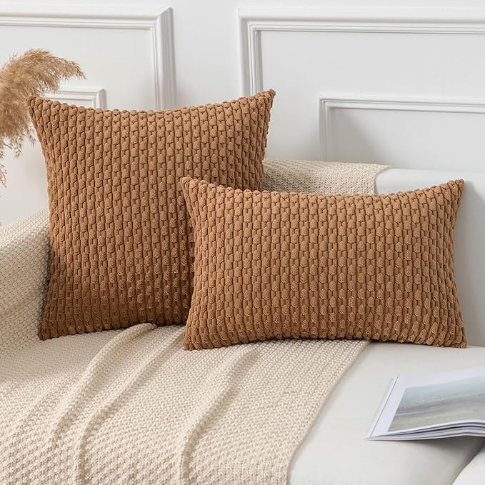 Kevin Textile Throw Pillow Covers Soft Corduroy Decorative Set of 2 Boho Striped Pillow Covers Pillowcases Farmhouse Home Decor for Couch Bed Sofa Living Room 16x16 Inch Khaki