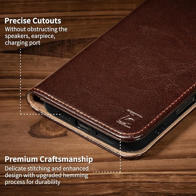 Belemay Genuine Leather Wallet Case for iPhone 17 Air, Premium Cowhide Leather Two-Tone Effect, RFID Blocking Card Holders, Shockproof TPU Shell, Kickstand, Flip Cover for iPhone Air 2025 6.5", Brown