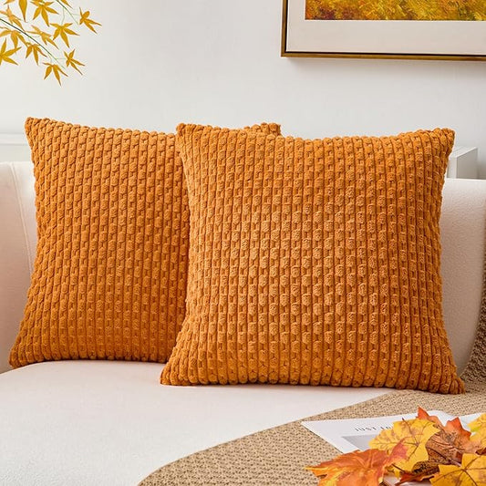 Kevin Textile Fall Throw Pillow Covers Soft Corduroy Decorative Set of 2 Boho Striped Pillow Covers Pillowcases Farmhouse Home Decor for Couch Bed Sofa Living Room 26x26 Inch Orange Yellow