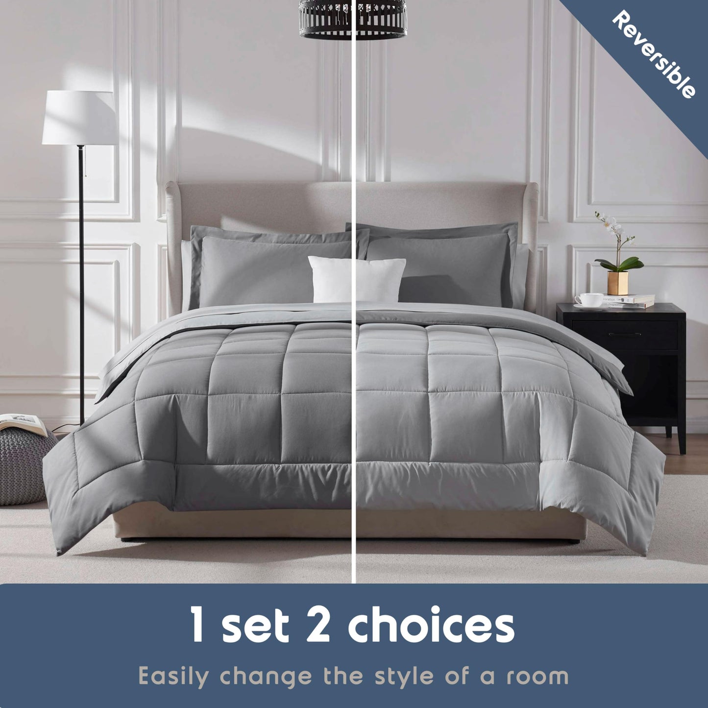 Nestl 7 Piece Queen Comforter Set – Grey Reversible Bed in a Bag – Complete Queen Size Bedding Set with Sheets, Pillowcases and Shams