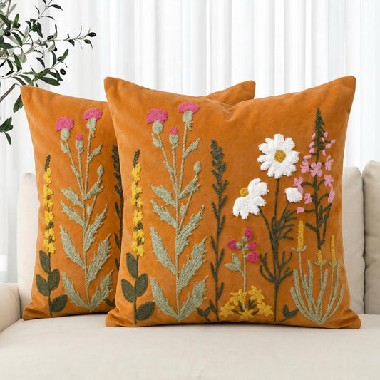 AVOIN colorlife Spring Summer Floral Daisy Embroidered Throw Pillow Covers, 18 x 18 Inch Caramel Colorful Flowers Decor Tufted Patterned Linen Cushion Case for Sofa Couch Set of 2